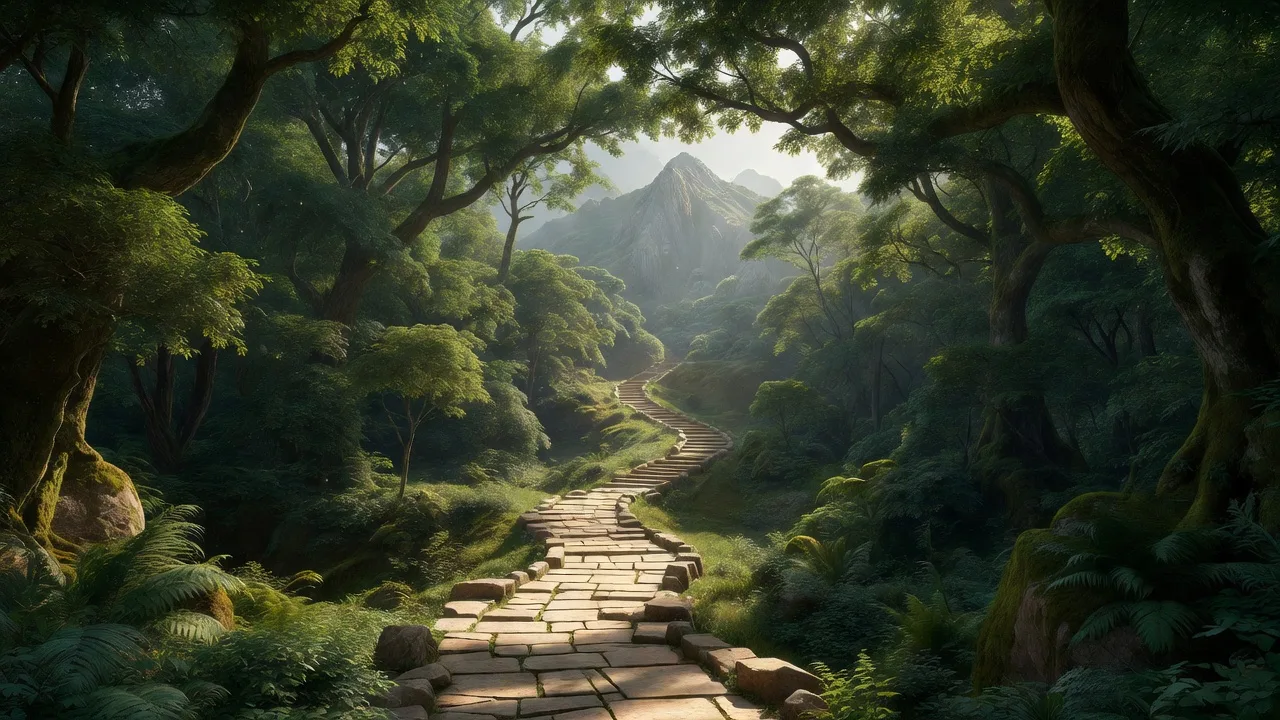 夏、緑濃い森の中の石畳の道