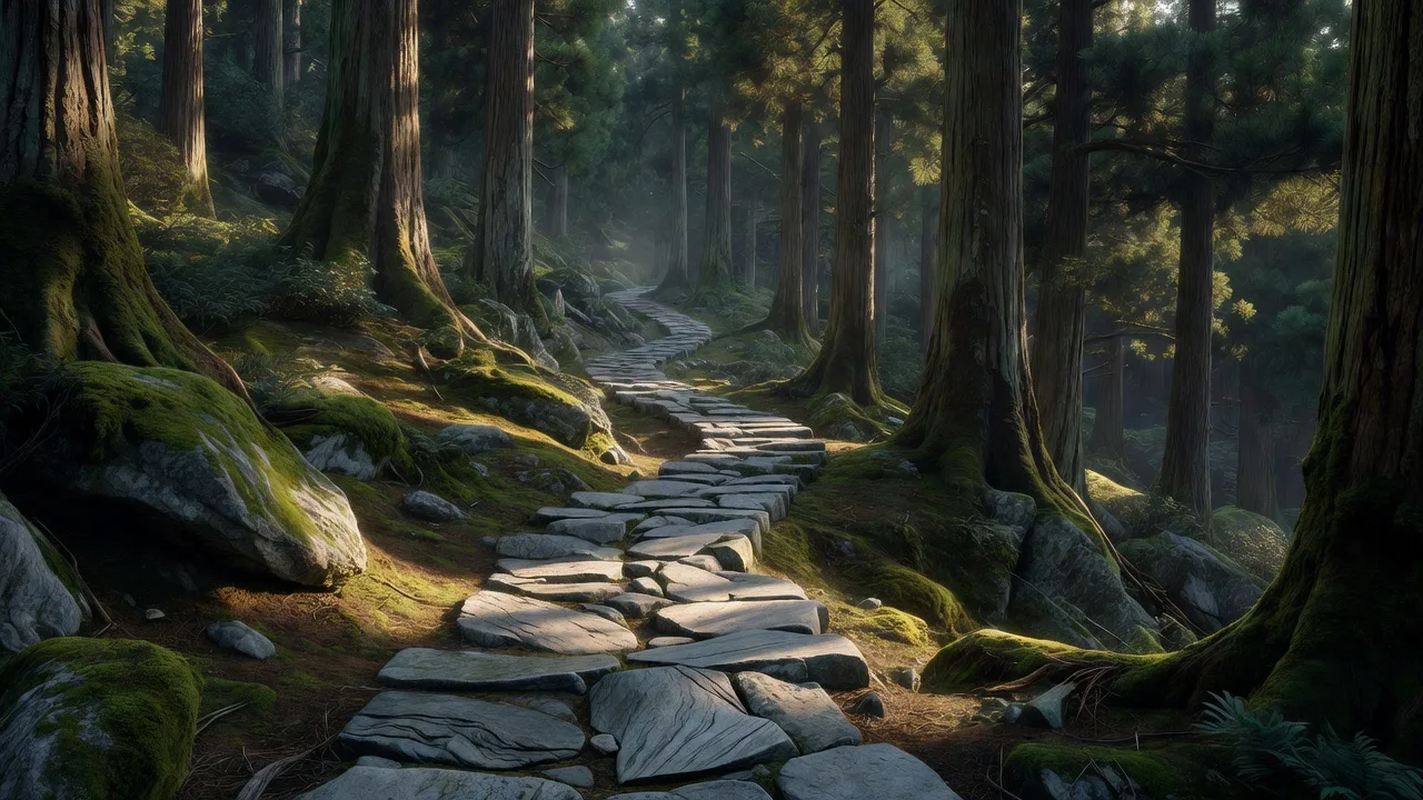 杉林を抜ける石畳の山道