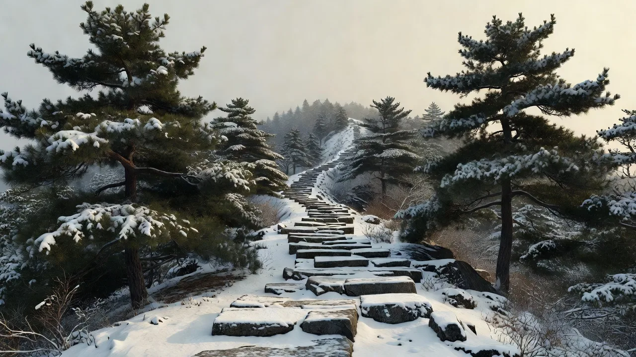 雪に覆われた稜線の石の道